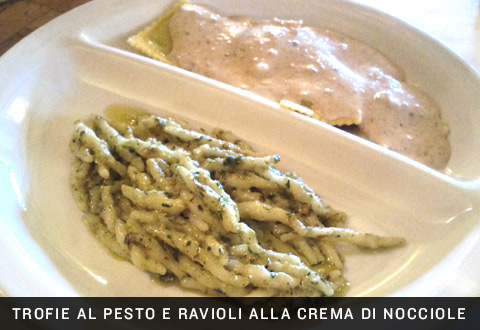 Trofie al pesto di nocciole e ravioli alla crema di nocciole a Vignanello.